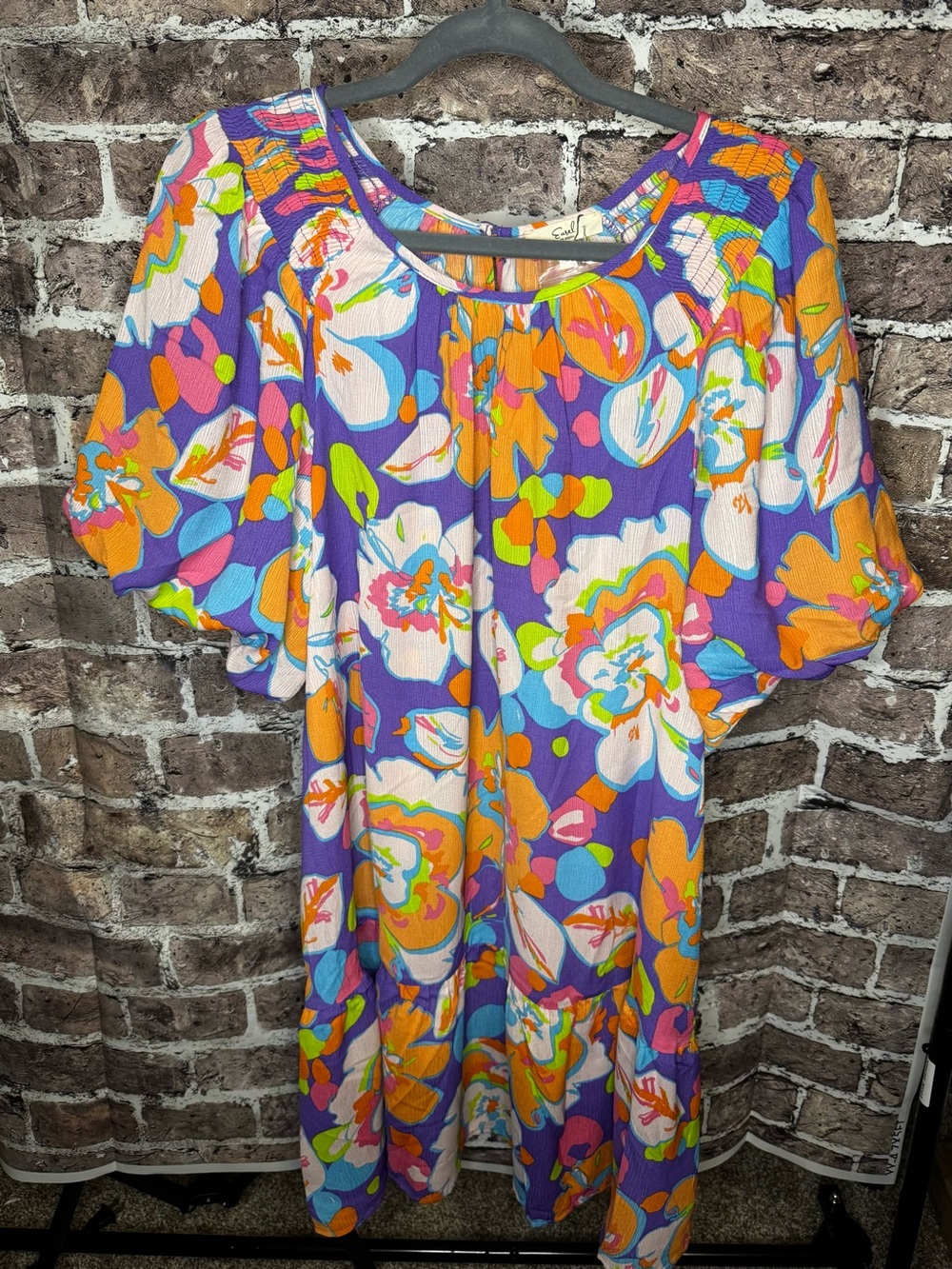 easel Purple Multi Floral Puff-Sleeve Dress